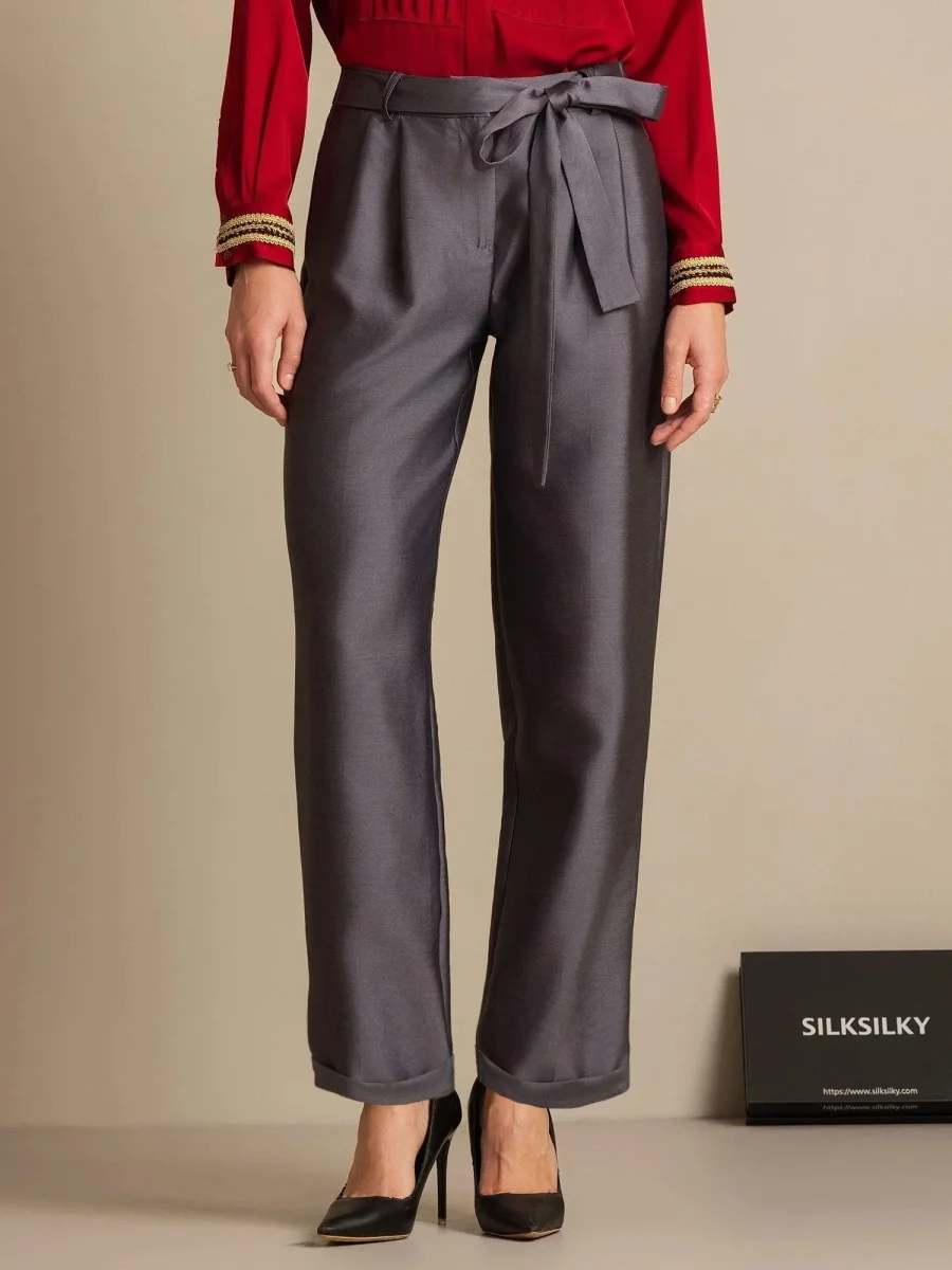 32Momme Silkki-Villasekoite Korkea Vyötärö Tapered Cropped Naisille Vyötärönauhadesignilla - Image 8